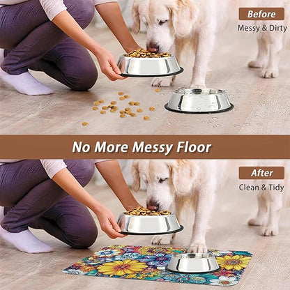 Floral Dog Food Mat for Floors,Cute Mandala Flower Absorbent Quick-Dry Pet Feeding Mat,Cat Dog Bowl Mats for Food and Water,Non-Slip Pet Accessories Supplies 12"x20"