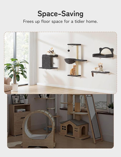 5-in-1 Cat Wall Shelves, Solid Wood & Velvet & Sisal Scratcher, 44lbs Max Load, Wall Mounted Cat Furniture for Climbers, Cat Climbing Wall System, Fits Drywall & Solid Walls - Dark Gray