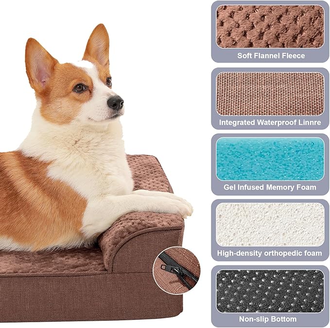 Orthopedic Dog Beds for Large Dogs, Memory Foam Dog Beds Large Sized Dogs, Washable Removable Cover, Nonskid Bottom, Waterproof, for Indoor, Outdoor, Crate ＆ Car Use, 41x27x6 Inches, Brown Grey