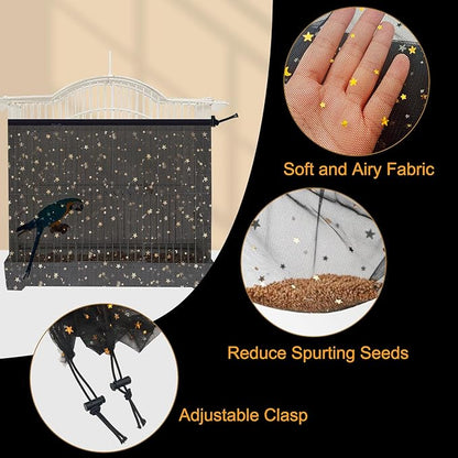 Bird Cage Seed Catcher, 60-118'' Large Bird Cages Cover, 31.5'' H Adjustable Nylon Bird Cage Mesh Net, Soft Airy Bird Cage Skirt Guard Accessories for Parrot Parakeet Macaw (Black)