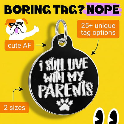 Bad Tags Personalized Dog and Cat ID Tags in 25+ Designs and 2 Sizes - 5 Lines of Custom Engraved Text - Funny Cute Personalized Pet Tags (I Still Live with My Parents, Large (1.25 inch))