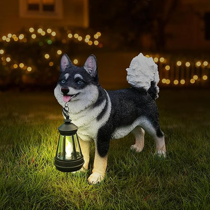Akita Statue Outdoor Decorations – Outdoor Dog Statue Standing Black Akita with Removable Solar Light & Welcome Sign for Patio Décor