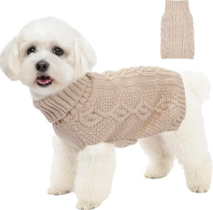 Knitted Dog Sweaters for Small Dogs Warm Small Dog Clothes Winter Sleeveless Puppy Sweater Turtleneck Dachshund Clothes with Twisted Design Doggy Pullover Knitwear Pet Cat Outfit (Beige, Medium)