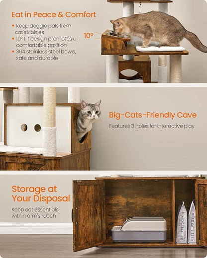 Feandrea Cat Tree, 66.9-Inch Cat Tower with Litter Box Enclosure, Large Condo with Food Station, Storage, Scratching Posts, Cave, Hammock, Washable Cushions, Rustic Brown UPCT169K01