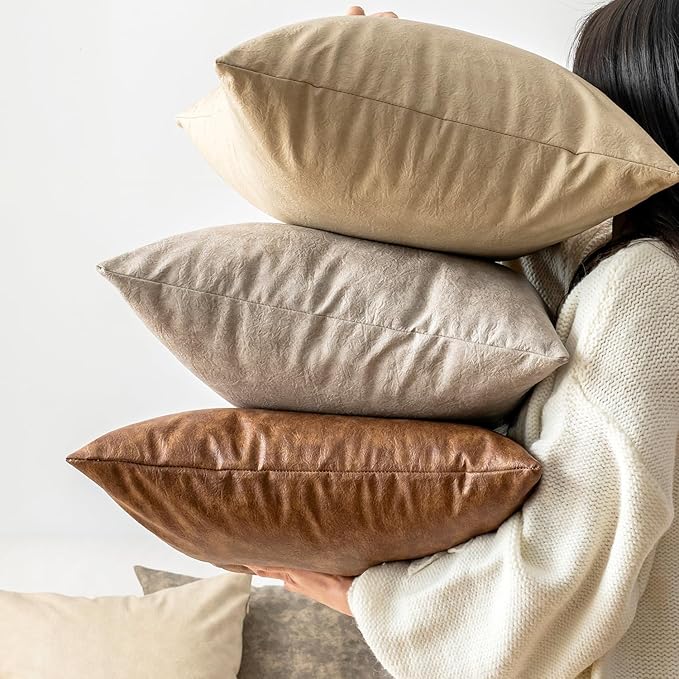 Oversized Vintage Decorative Pillow Covers, Pack of 2 Soft Rustic Abrasion Leather Throw Pillow Covers, for Home Decor Outdoor Waterproof Pet Hair Resistant Cushion Cover 26x26 inch Grey