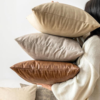 Oversized Neutral Decorative Leather Pillow Cover Pack of 2, Grey Thickened Farmhouse Abrasion Floor Cushion Cover, for Home Decor Outdoor Lounge Office Cafe Throw Pillow Covers 24x24 inch