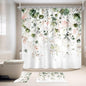 4 PCS Green Pink Floral Flower Shower Curtain Set 72Wx72H Inch Watercolor Pastel Plant Complete Bathroom Set Non-Slip Bath Rug Toilet Lid Cover and U Shape Mat Accessories 12 Hook Bathoom Decor