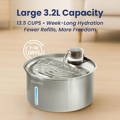 PawsPik PureFlow MAX Automatic Pet Water Dispenser, Stainless Steel Curve Dog & Cat Water Fountain, 3.2-Liter for Fresh, Long-Lasting Hydration