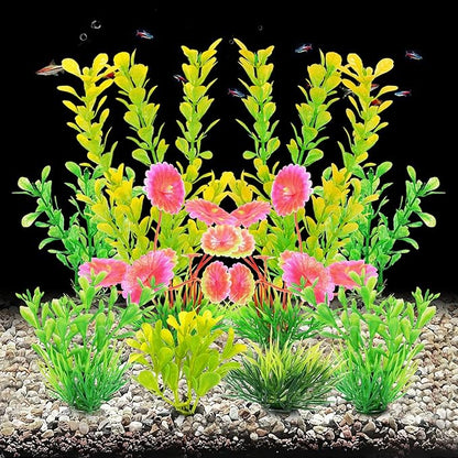 AQUANEAT Artificial Fish Tank Plants, Plastic Aquarium Decorations, Yellow Accessories, 10pcs
