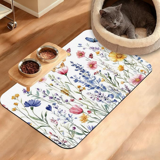 Flowers Butterfly Dog Food Mat,Colorful Absorbent Pet Feeding Mat for Food and Water Bowl,Quick Dry Dog Placemat Non Slip Rubber Backing Waterproof Pet Supplies 16" x 24"