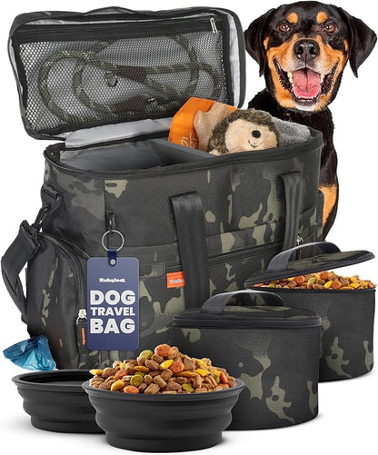 The Original Doggy Bag™ - Complete Dog Travel Bag for Supplies with 2 BPA-Free Travel Dog Bowls & 2 Pet Food Containers - Traveling Kit for Road Trips, Camping, Weekend Away or Doggy Gift: Camo