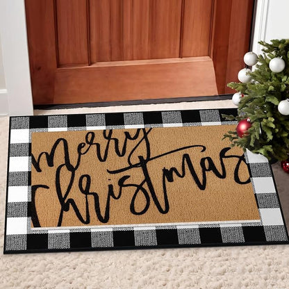 Tinideya 2 Pcs Door Mat Welcome Non Slip Coir Mats Floor Layering Doormats Seasonal for Front Porch Entryway Decor(Merry Christmas)