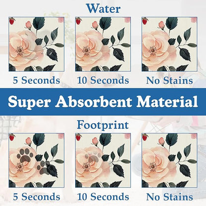 Pink Flower Leaf Pet Feeding Mat–Christmas Stocking Quick Dry Absorbent Dog Cat Food Mat, Non Slip Waterproof Bowl Placemat for Messy Eaters, Pet Accessories for Floors 16"x24"