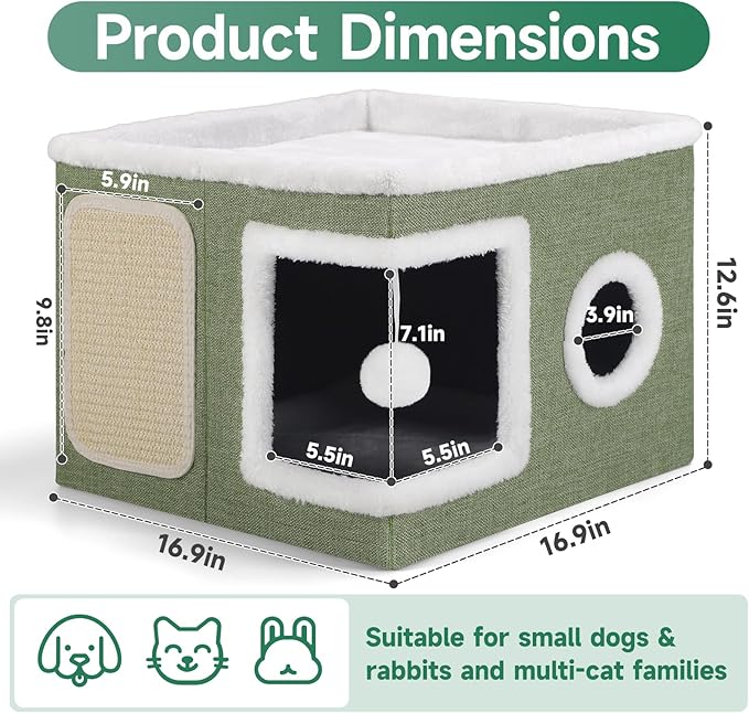 Shikha Cat Beds for Indoor Cats, Large Cat Cave with Cozy Condo, Fluffy Ball, Round Window, Foldable Indoor Cat House Hold Up to 30LBS, Cat Hideaway with Reversible Cushions for All Seasons, Green