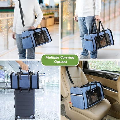 Soundy Large Cat Carrier Dog Carrier Under 25 Lbs,Collapsible Ventilated Portable Pet Bag with Soft Sided Breathable Mesh for Long Car Trips Maxi Load 2 Kittens or Small, Medium Dog (Large Blue)