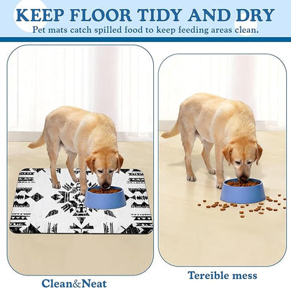Black Boho Art Dog Food Mat–Christmas Stocking Absorbent Quick Dry Feeding Placemat for Food and Water Bowls, Non Slip Rubber Backing, Waterproof Pet Supplies for Mess-Free Eating 12"x20"