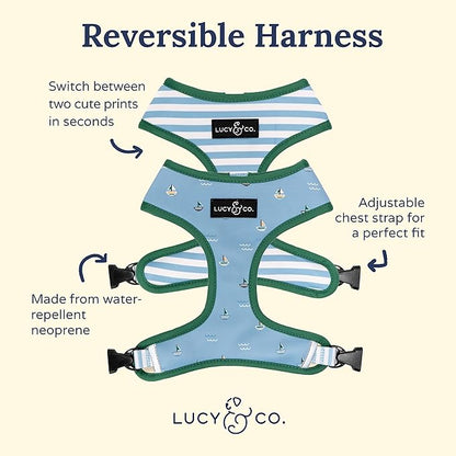 Lucy & Co. Set Sail Reversible Harness, Walking Halter - Best Designer Pet Harnesses for Small Dogs - Padded Adjustable Vest for Easy Walking, Small, Blue & White Stripes & Sailboats