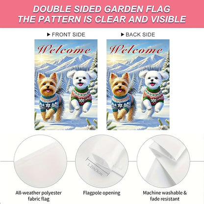 Welcome Winter Garden Flag Two Cheerful Dogs Flag Winter Sweaters 12x18 Inch Double Sided Outdoor Banner For Front Yard Porch Lawn Patio Seasonal Home Decor Pet Animal Outside