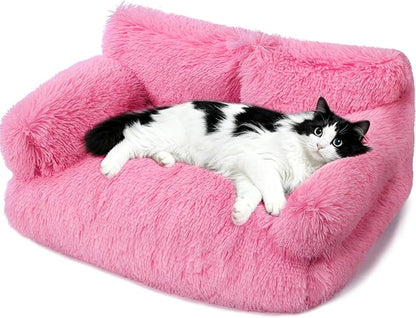 Large Cat Beds for Indoor Cats, Dog Couch Bed, Cute Cat Couch Sofas for Less 20lbs Kitten Puppy, Small Dog Sofas & Chairs with Removable Washable Cover, Soft Warm Pet Furniture, Plush Pink