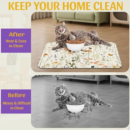 Vintage Wildflowers Herbs Pet Feeding Mat, Absorbent Bowl Pad, Quick Dry, Non-Slip Base, No Stains – 12x20 Inch