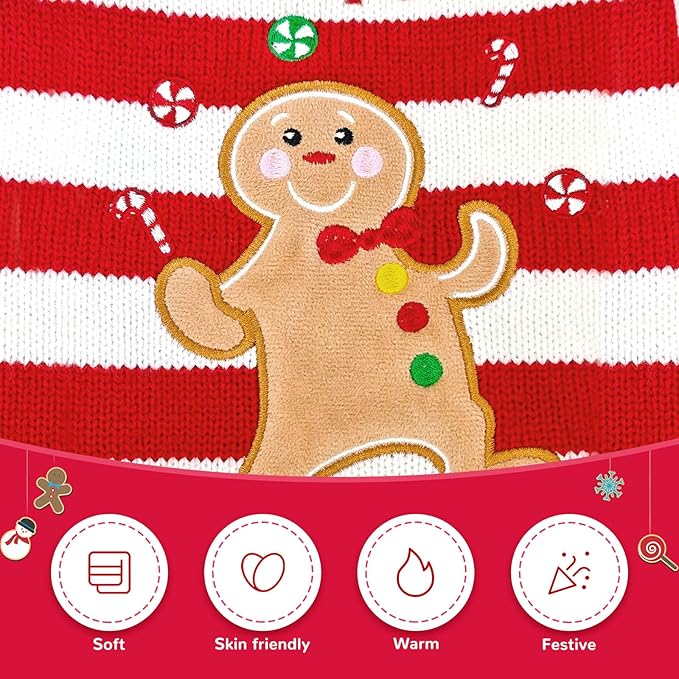 Dog Christmas Sweater Xmas Pet Clothes Cute Striped Gingerbread Man Costume Holiday Puppy Cat Jumpers Outfits New Year Gifts for Small Medium Large Dogs(Red Gingerbread Man,M)