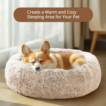 JOLLYVOGUE Calming Small Dog & Cat Bed for Indoor Cats - 20 inches Washable Donut Bed for Kittens & Puppies, Anti-Anxiety Round Fluffy Plush Pet Beds (Fits up to 15 lbs, Cream Brown)