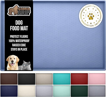 GORILLA GRIP 100% Waterproof Raised Edge BPA Free Silicone Pet Feeding Mat, Dog Cat Food Mats Contain Spills Protects Floors, Placemats for Cats and Dogs Water Bowl, Pets Accessories 28x18 Blue