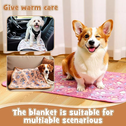 Tegeme 12 Pcs Pet Blankets Soft Fluffy Fleece Dog Cat Warm Paw Print Pattern Blankets Flannel Throw for Pets Dog Puppy Cat(30 x 20 Inch,Pink,Beige,Camel)