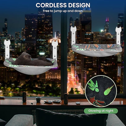 2 Pack Cat Window Perch, Glow in The Dark Foldable Cat Hammock with Sunken Design & Removable Soft Cover, Breathable Cordless Window Bed for Resting Indoor Kitten (Shallow Perch, 2 Pack - L)