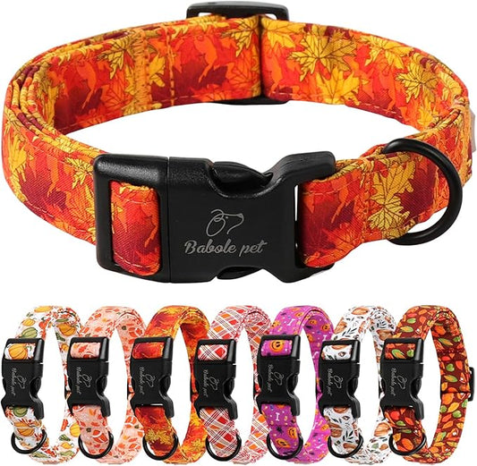 Fall Dog Collar, Gold Maple Leaves Pattern Fall Thansgiving Puppy Collar, Soft Adjustable Cotton Holiday Dog Collars for Small Medium Large Boy&Girl Dogs XL