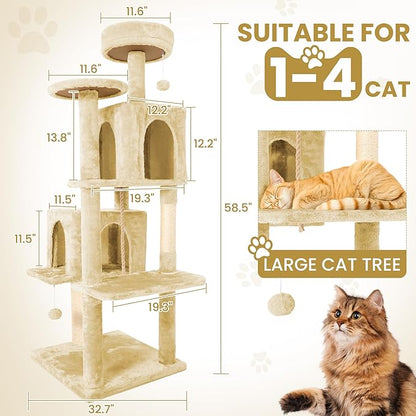 58.5inch Large Cat Tree Tower Condo for Indoor Cats, Soft Plush Multi-Level Climbing Tree Cat House, Scratching Post, More Entrance/Exit, Sisal Rope, Beige Almond
