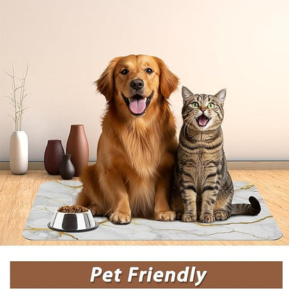 Marble Dog Food Mat for Floors,White Gold Marble Absorbent Quick-Dry Pet Feeding Mat,Cat Dog Bowl Mats for Food and Water,Non-Slip Pet Accessories Supplies 16"x24"