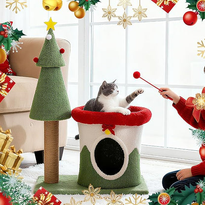 COSIEST 30in Christmas Cat Tree for Kittens, Kitty Condo with Top Perch, Small Cat Tree House with Sisal Scratching Posts, Cat Safe Christmas Tree Tower for Indoor Cats, Activity Center, Red & Green
