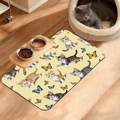 Dog Bowl Mat,Cute Cats Pet Feeding Mat for Floors Waterproof,Butterfly Absorbent Dogs Placemat for Food and Water Quick Dry Pet Cat Feeding Mats with Non Slip Bottom 12" x 20"