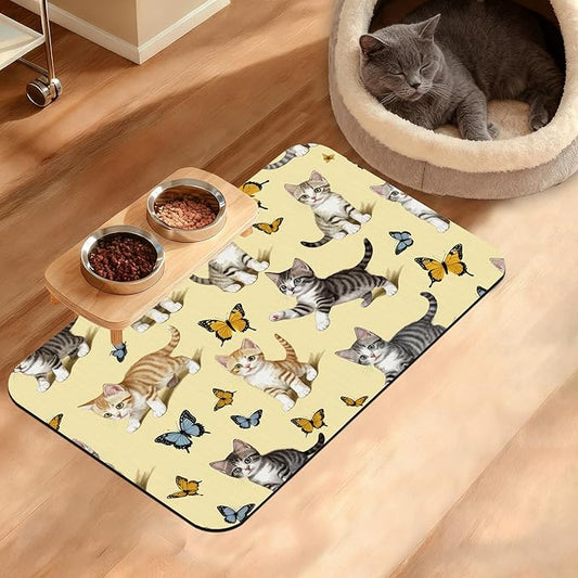 Dog Bowl Mat,Cute Cats Pet Feeding Mat for Floors Waterproof,Butterfly Absorbent Dogs Placemat for Food and Water Quick Dry Pet Cat Feeding Mats with Non Slip Bottom 12" x 20"