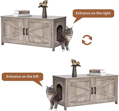 Homhedy 39.4" L Cat Litter Box Enclosure, Pet House with Barn Door, Wooden Cat Washroom Furniture, Fit Most of Litter Box, Greige