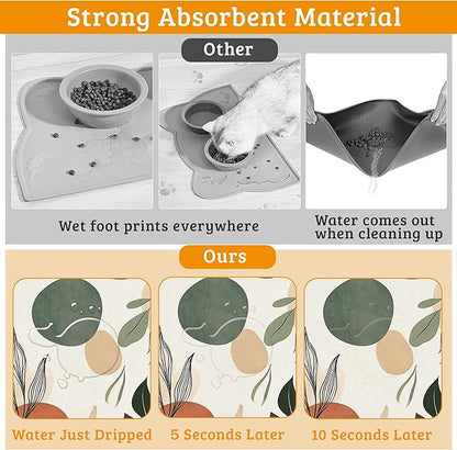 Boho Dog Cat Food Mat,Abstract Leaves Absorbent Waterproof Placemat for Food and Water Non Slip Rubber Backing Durable Feeding Pad for Clean Floors 16" x 24"