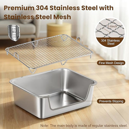 Rabbit Litter Box, Extra Large Bunny Litter Box with 304 Stainless Steel Sifting Tray & Hooks, Rabbit Litter Box, Easy to Clean and Odor Control (17.7" × 13.8" × 5.9")