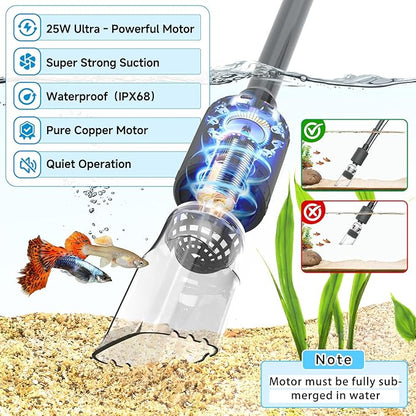 fishkeeper Aquarium Vacuum Gravel Cleaner, 25W 6 in 1 Multifunction Fish Tank Cleaner Kit for Automatic Water Change, Wash Sand, Water Circulation Infinitely Adjustable Flow Fish Tank Cleaner Vacuum