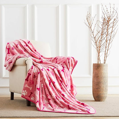Allisandro Luxurious Dog Blanket, 350 GSM Super Fuzzy Microplush Fleece Pet Blankets for Small Medium Large Dogs and Cats, Pink Paw and Bone, 32" x 24"