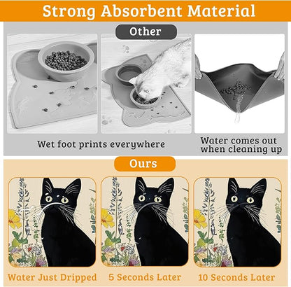 Dog Bowl Mat,Cat Black Pet Feeding Mat for Floors Waterproof,Color Flowers Absorbent Dogs Placemat for Food and Water Quick Dry Pet Cat Feeding Mats with Non Slip Bottom 16" x 24"