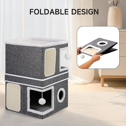 Shikha 2-Storey Cat Houses for Indoor Cats, Dual-Purpose Double Large Cat Beds Cave with Hideaway Condos, Scratch Pads, Fluffy Balls, Foldable Indoor Cat Cube House for Multi Small Pets Kitten, Grey
