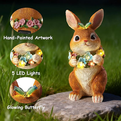 Solar Garden Statues Outdoor Easter Bunny Decorations with Butterfly & Flowers Spring Decor with 6 LED Night Accent Lights for Patio, Yard & Lawn, Easter Gift for Mom, Valentines Day Figurine