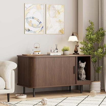 Cat Litter Box Enclosure with Cat Scratch Pad, Sliding Door, 37.4" Litter Box Enclosure Furniture Hidden Litter Box, Modern Indoor Cat House, TV Stand, Side End Table for Living Room, Walnut