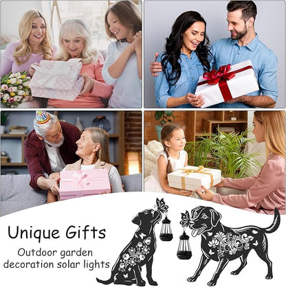 Solar Lights Garden Decor - 2 Pcs Metal Dog Statues Outdoor Decorative Yard Stakes with Lantern Waterproof Patio Lawn Pathway Ornaments Christmas Decorations Gifts for Women Animal Lover
