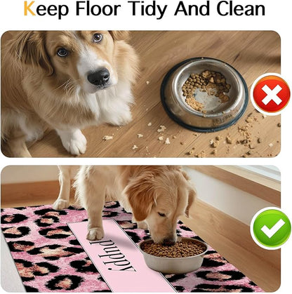 Puppy Feeding Mat 24x16 inch Pink Leopard Print Pet Bowl Placemat Non Slip Floor Mat for Food and Water Indoor Dog Feeding Station Cute Meal Pad for Small Pets Kitchen Use