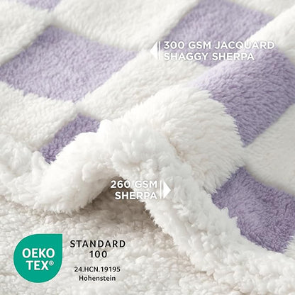LE SURE Waterproof Dog Blanket for Large Dogs - Washable Double Sided Dog Blankets with Warm Jacquard Shag and Soft Sherpa Fleece, Pet Cat Blanket for Couch Protection, 3D Textured Checks, Purple