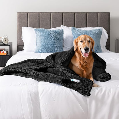 PetAmi Fluffy Waterproof Dog Blanket for Bed Large Dogs, Soft Warm Pet Sherpa Throw Pee Proof Couch Cover, Reversible Cat Blanket Sofa Crate Kennel Protector, Washable Mat (Black, 60x80)