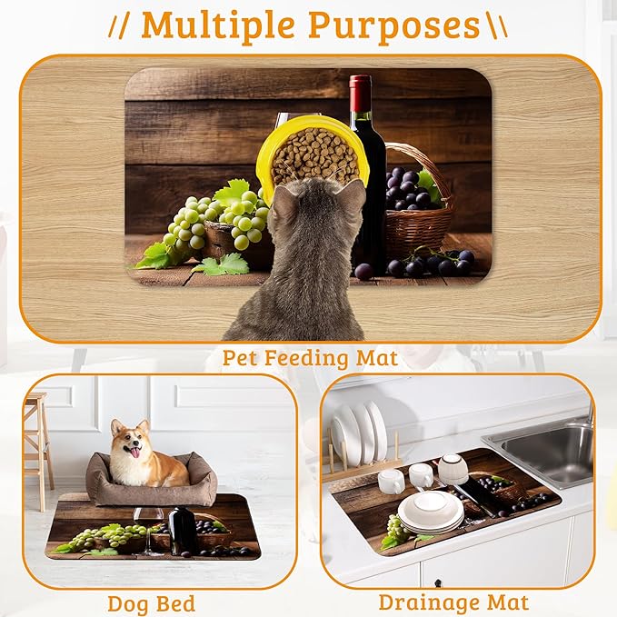 Pet Feeding Mat,Red Wine Absorbent Dog Cat Food Mat Grape Wood Dog Mat with Rubber Backing,Non-Slip Water Bowl Placemat,Pet Supplies 12" x 20"