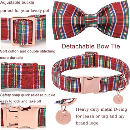 Christmas Plaid Dog Collar with Bow, Red and Blue Check Adjustable Pet Collar with Quick Release, Christmas Stripes Bowtie Collar for Small Medium Large Dogs L